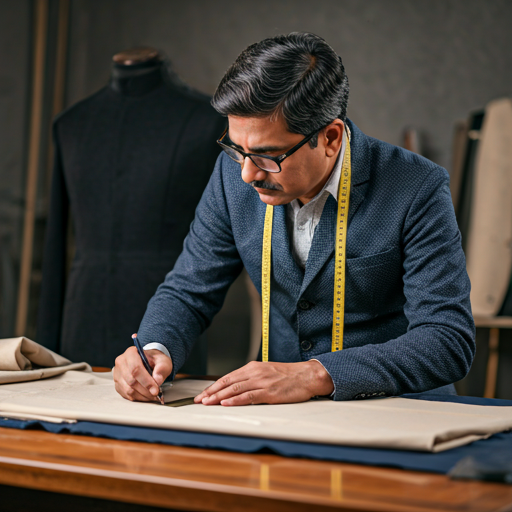 Indian master tailor standing proudly by a cutting table, showcasing decades of expertise in a well-lit studio